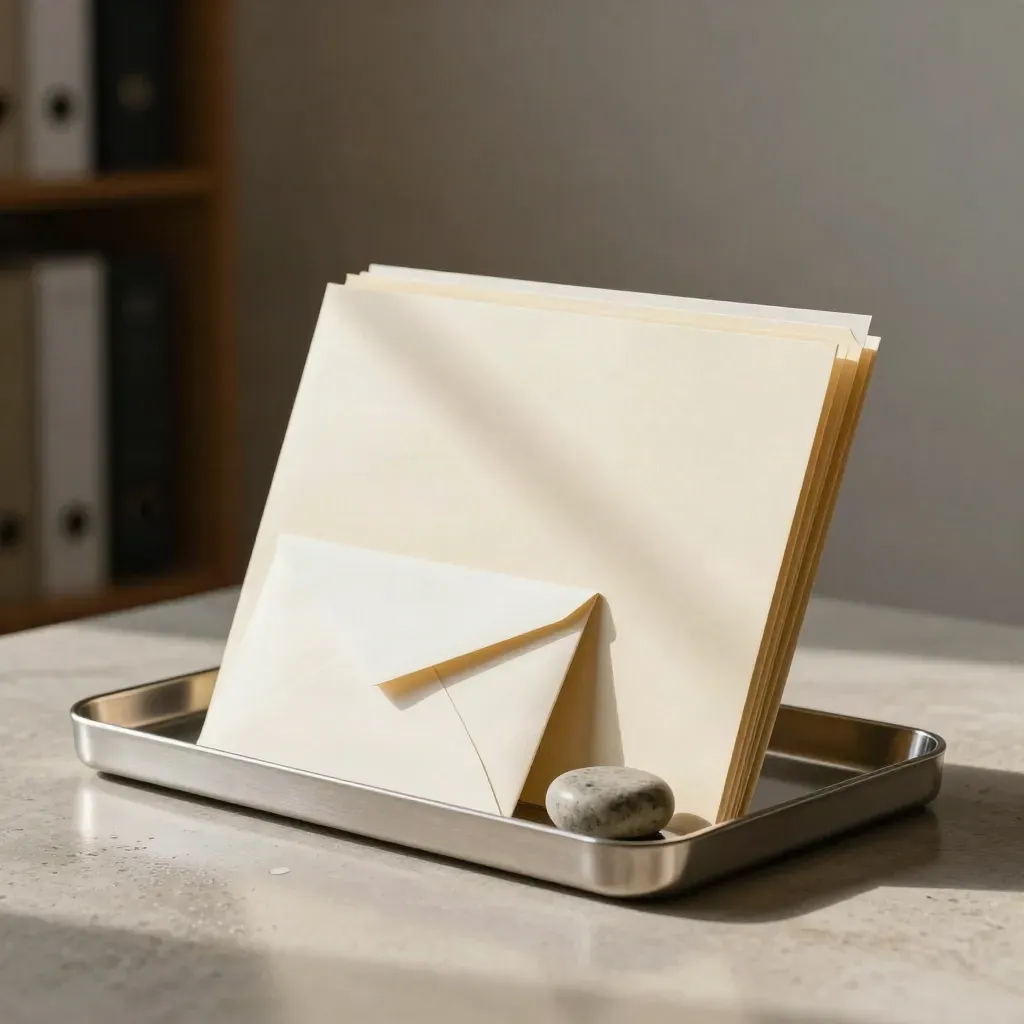 Brushed-aluminum inbox tray with folders, clip, envelope, and paperweight on stone.