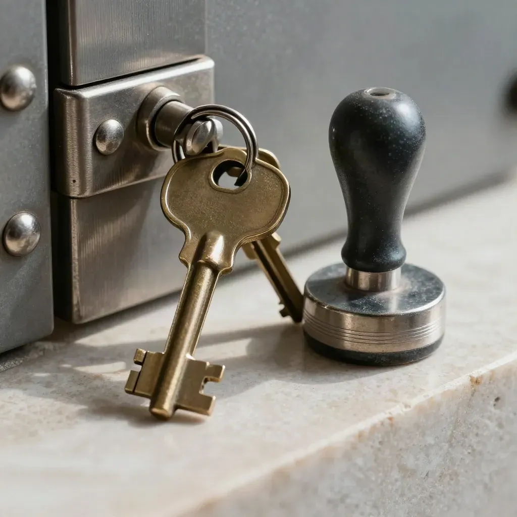 Macro still life of a bank vault key ring, latch plate and seal stamp on pale stone.