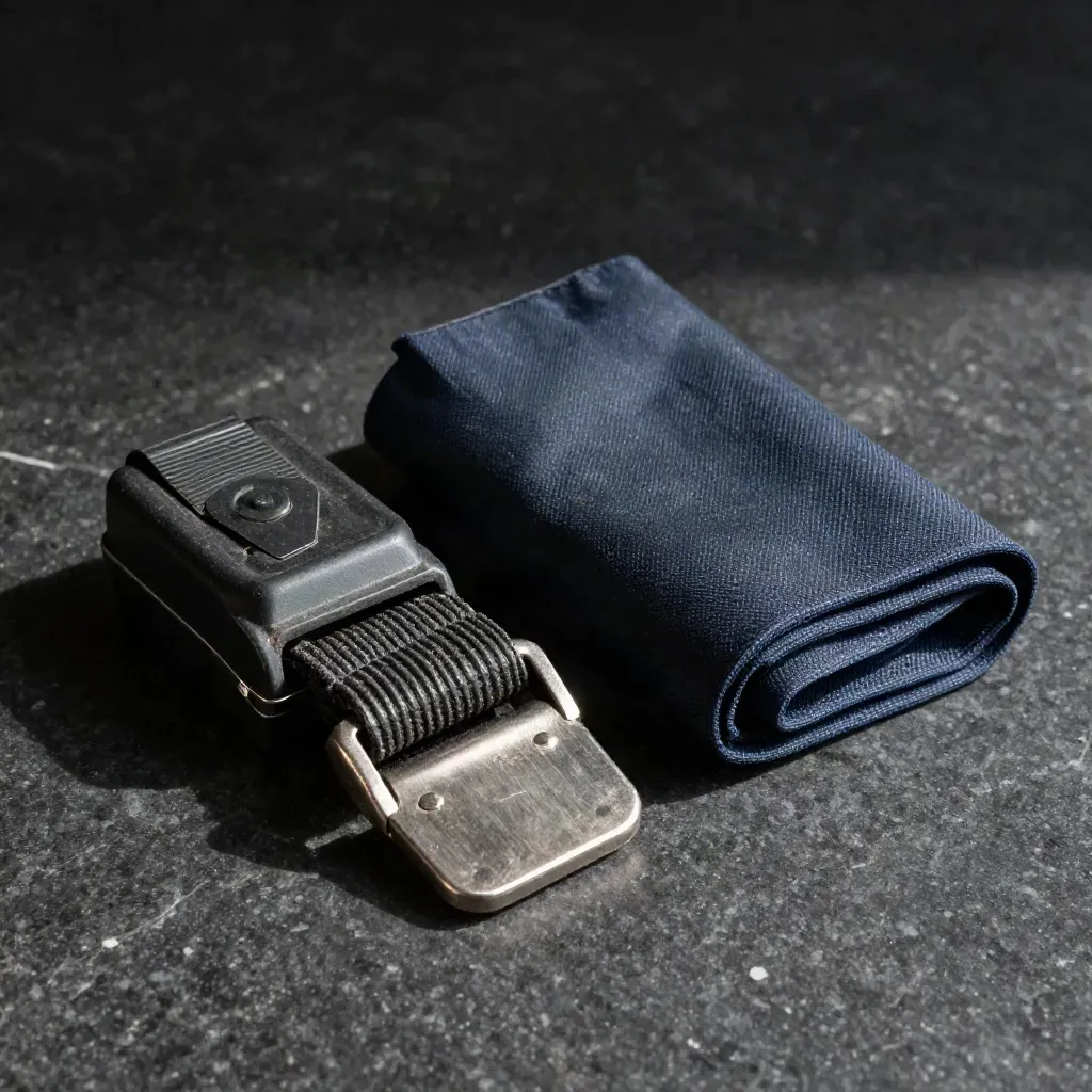 Cargo seal, strap buckle and tarpaulin swatch on dark stone under hard raking light.