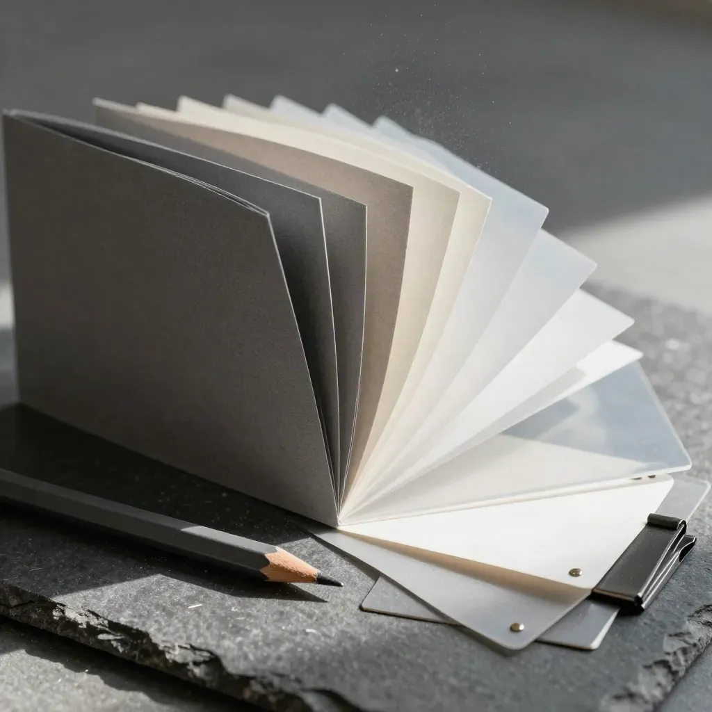 Paper swatches, acetate sheets and binder corners on stone in soft daylight.