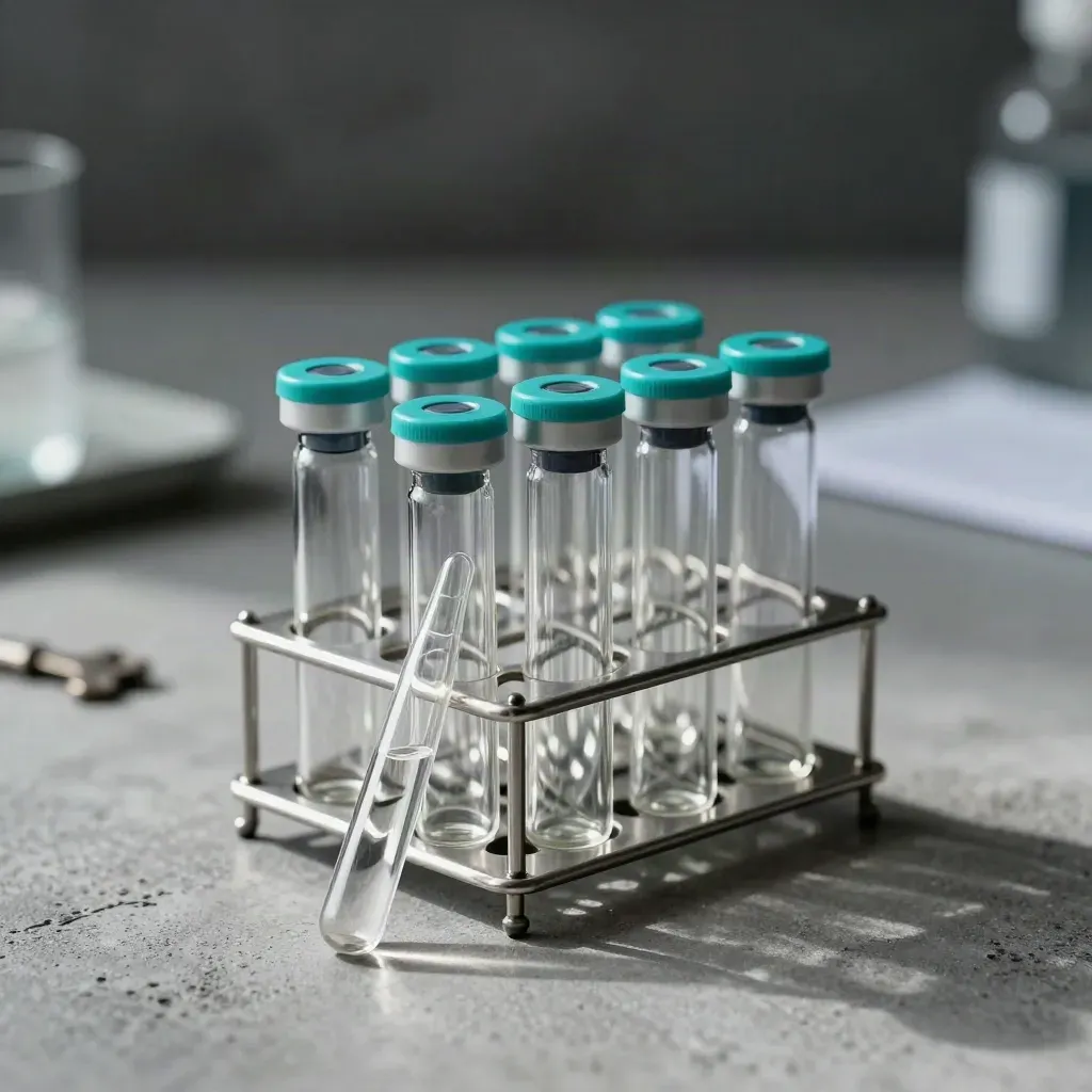 Lab glass vials and a reagent ampoule on brushed concrete, lit dramatically with teal accents.