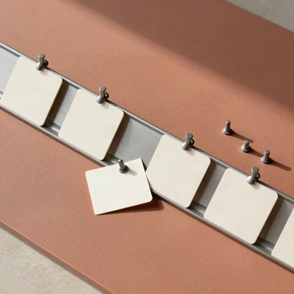 Overhead macro of a modular task rail with square cards and matte pin pegs on terracotta plaster.