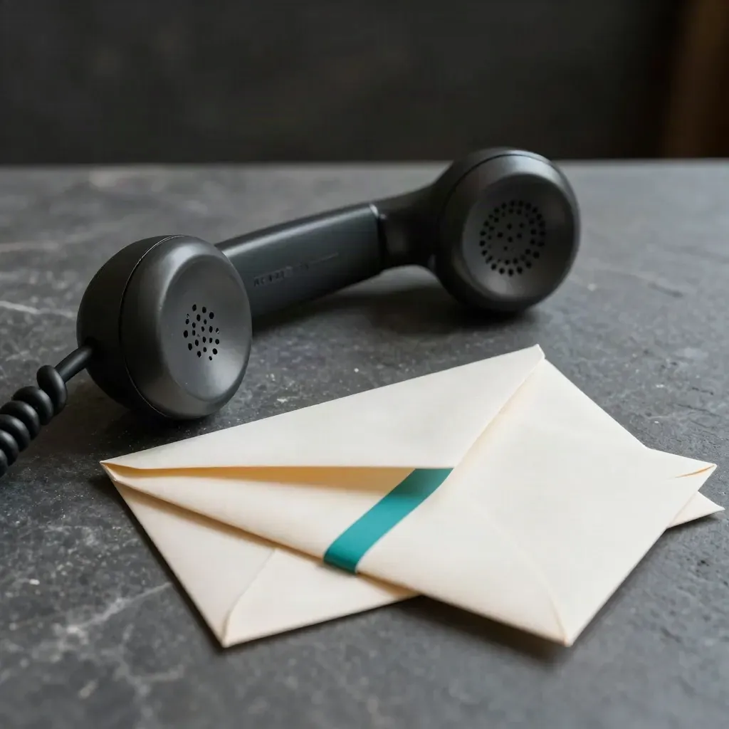 Vintage handset beside two sealed envelopes on dark stone, lit in dramatic studio light.