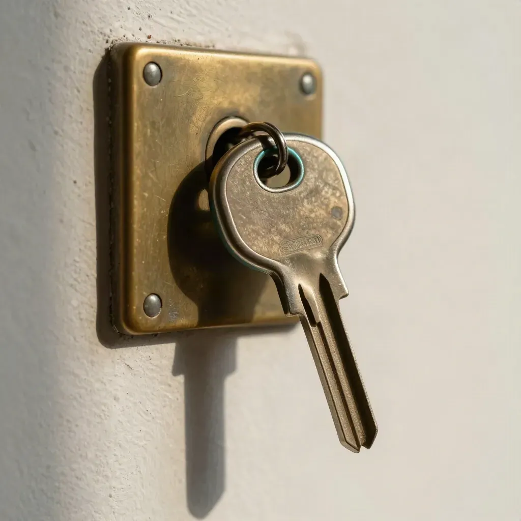 Brass door hardware and a teal key fob on pale plaster, lit in soft macro light