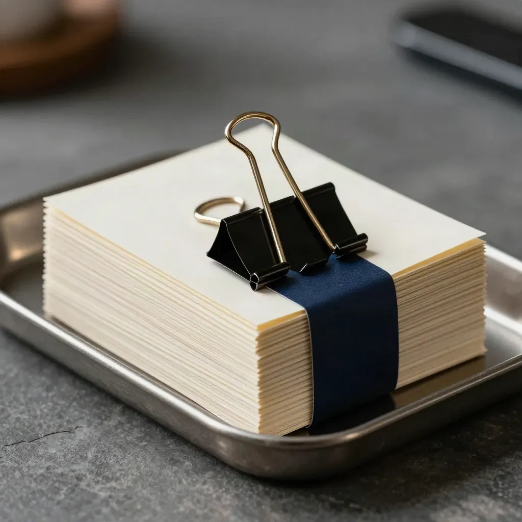 Top-down macro of index cards in a metal tray with brass tabs and a binder clip.