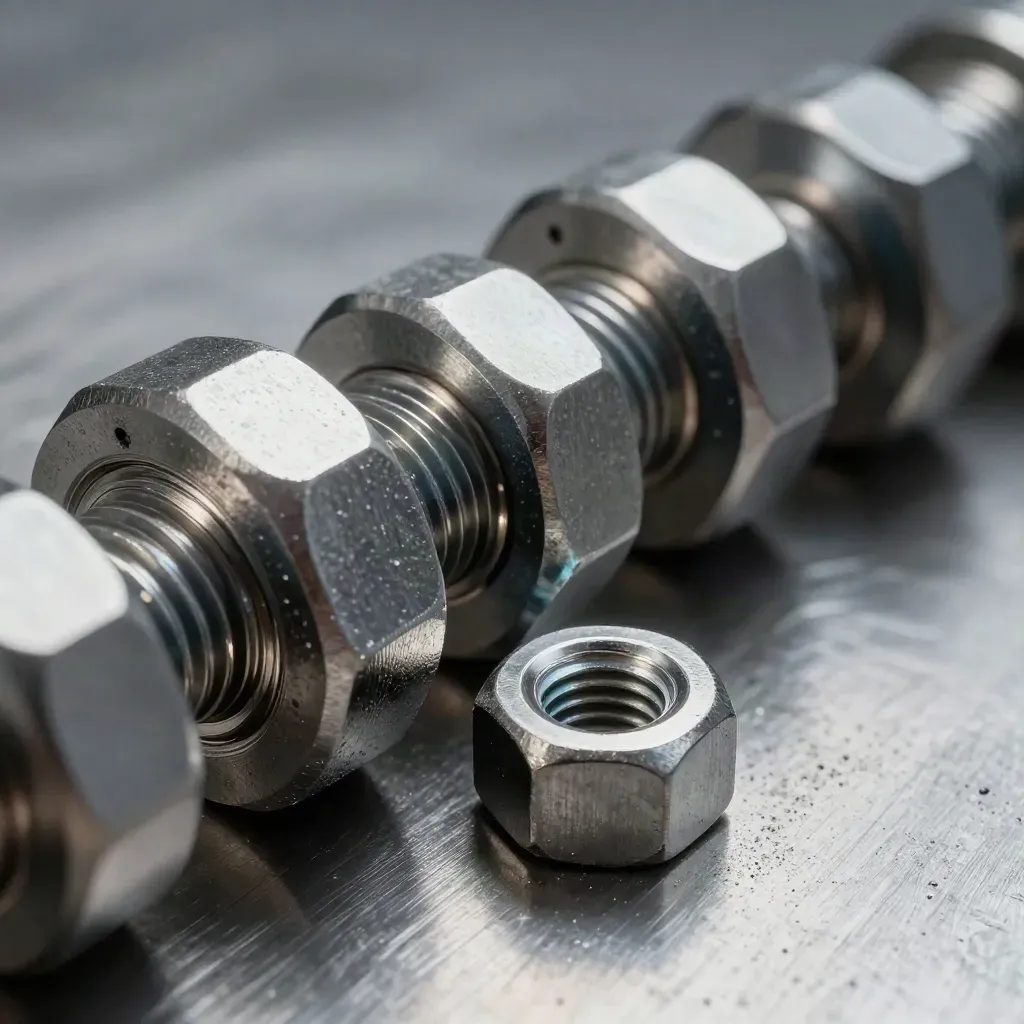 Extreme macro of machined couplings, bolts, and a knurled nut on brushed metal under dramatic light.