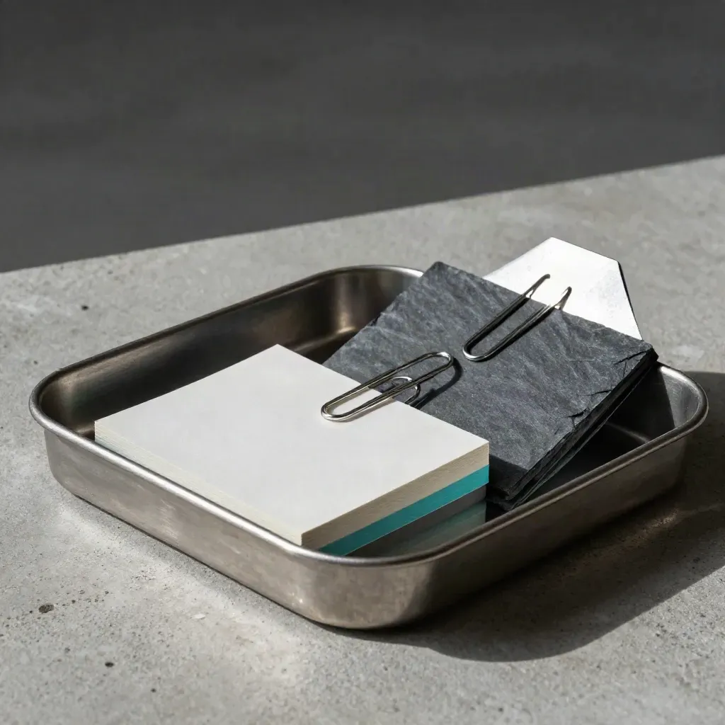 Brushed inbox tray with folded memo cards and linked paperclips on concrete, lit dramatically.
