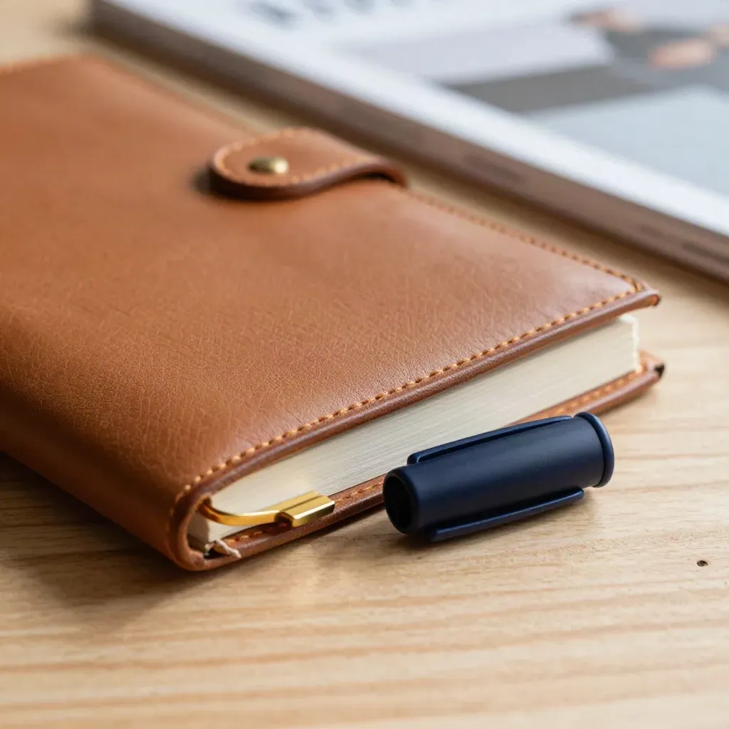 Closed leather contact notebook with brass marker and navy pen cap on pale wood, macro lit from the side.