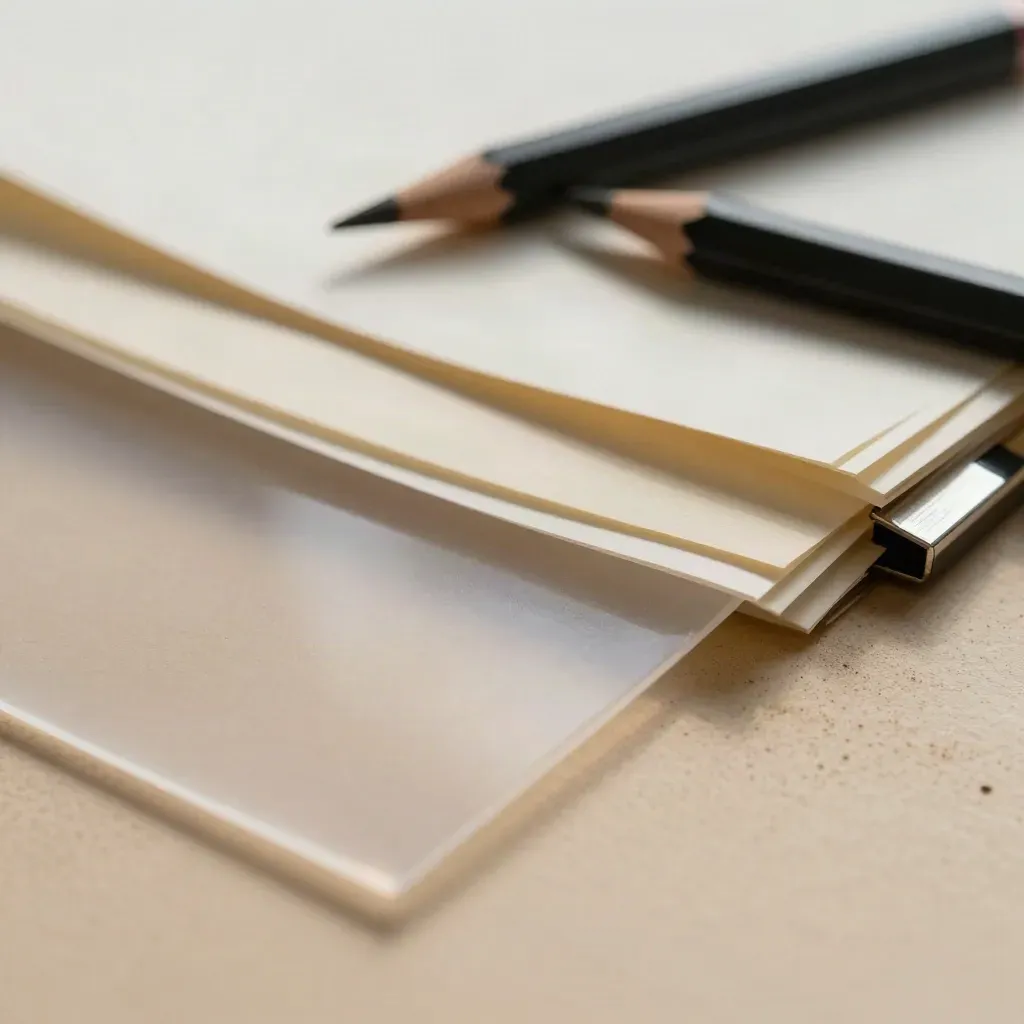 Macro proof sheets, paper stocks and binding samples with acetate in soft daylight.