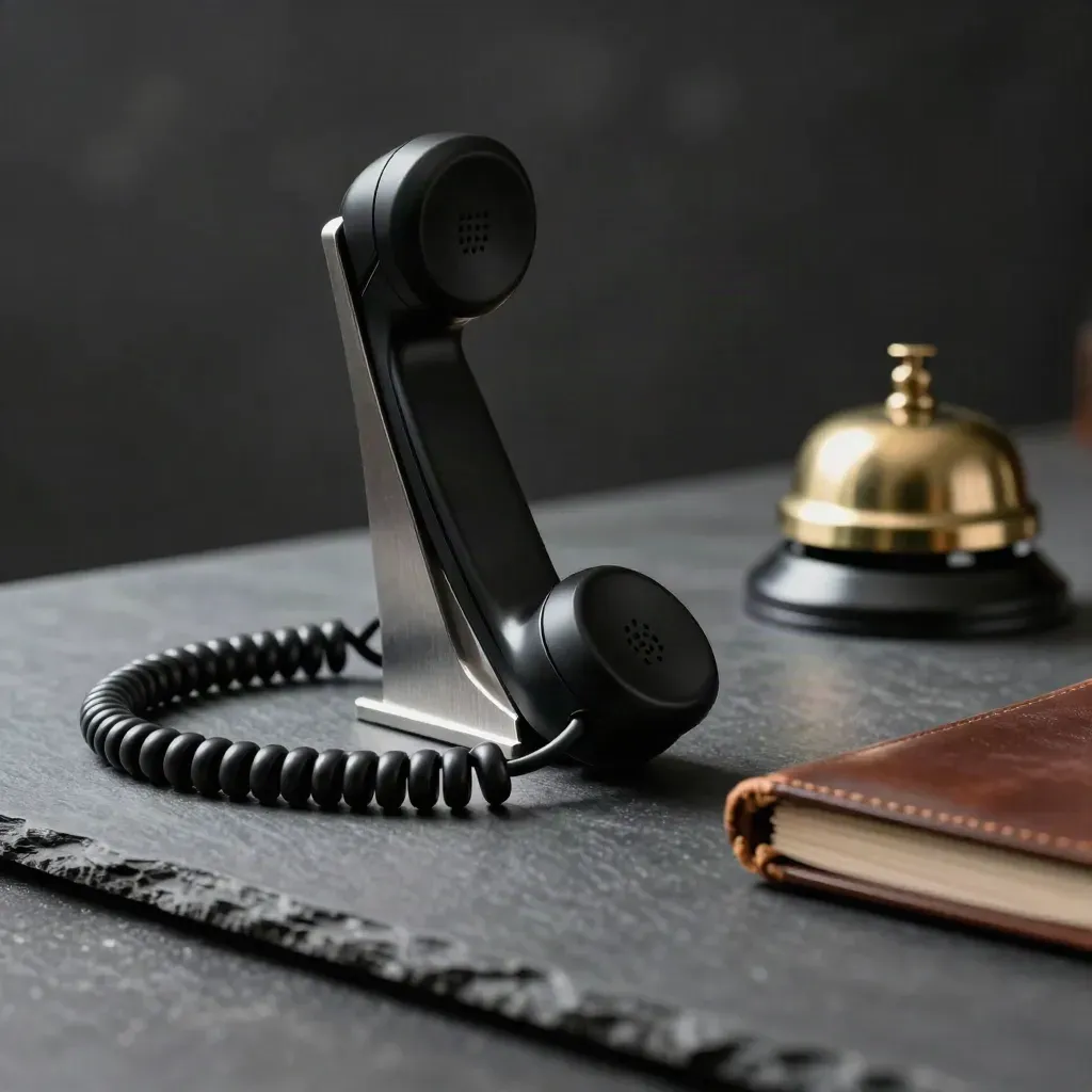 Corded handset, brass call bell, and closed address book on slate under dramatic studio light.