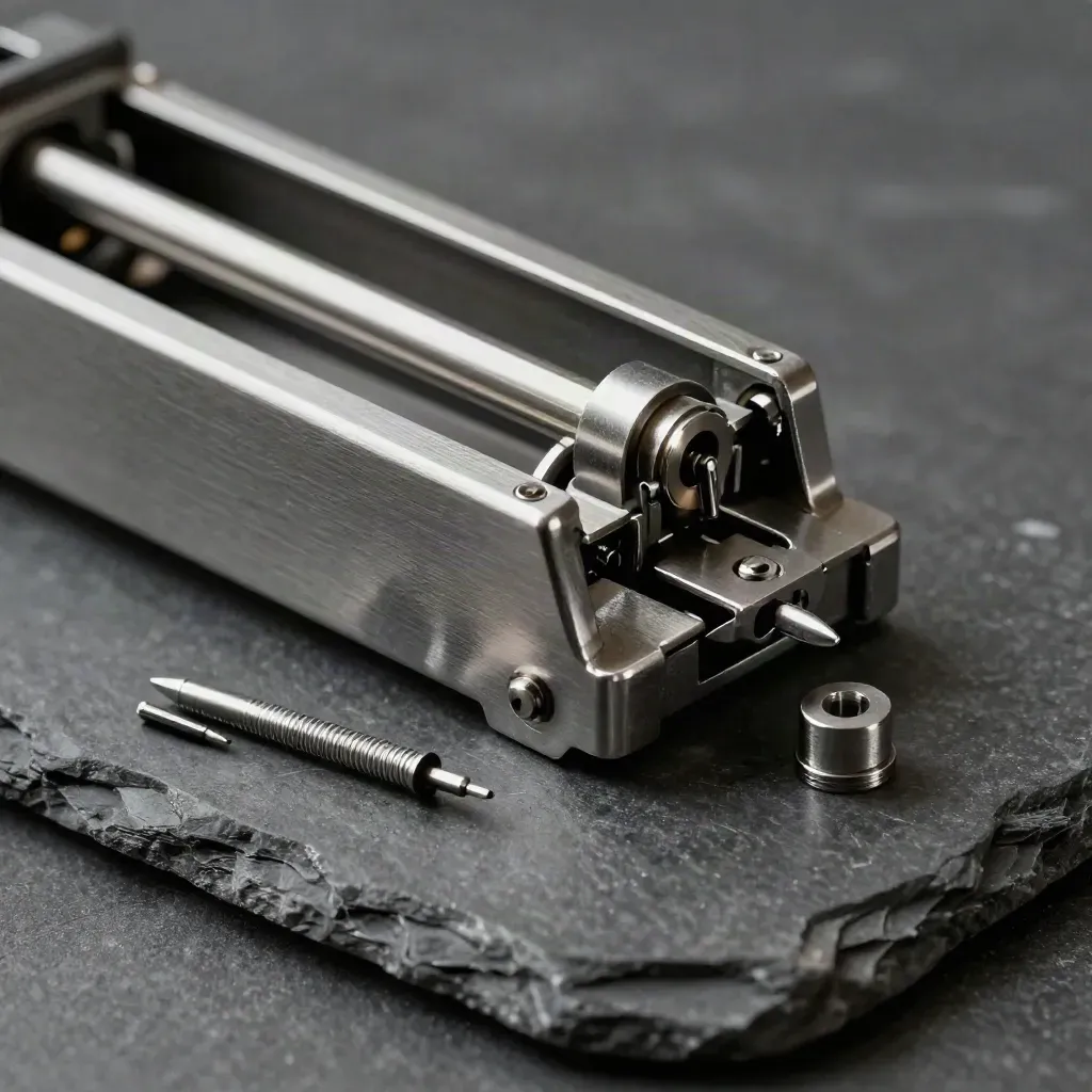 Macro of a spring-loaded file sorter, hinge bracket, and alignment pins on dark graphite stone