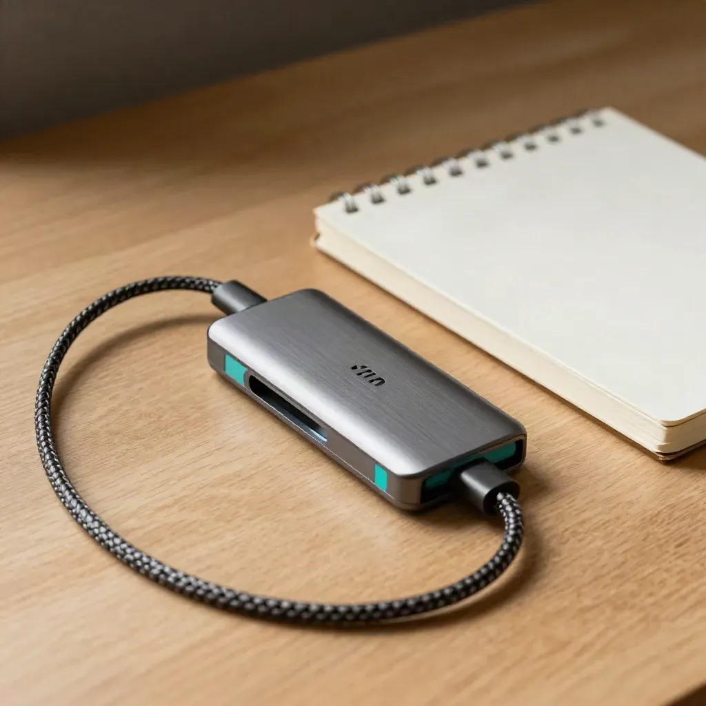 USB hub, braided cable coil, and notebooks on oak with teal accent, top-down close-up