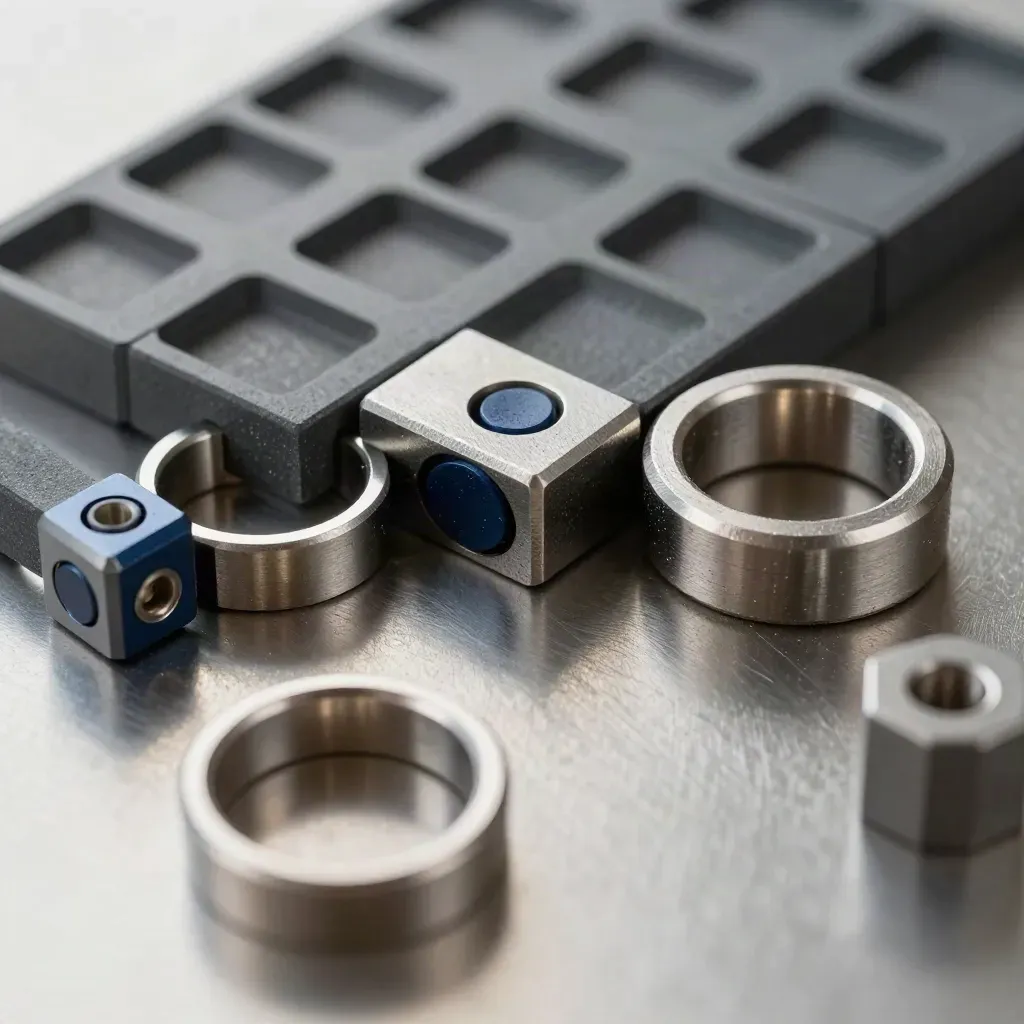 Machined rings and connector blocks on brushed steel, shot overhead with fine metal dust.