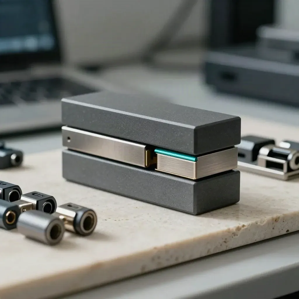 Graphite integration blocks and a teal spacer on pale stone under dramatic side light.