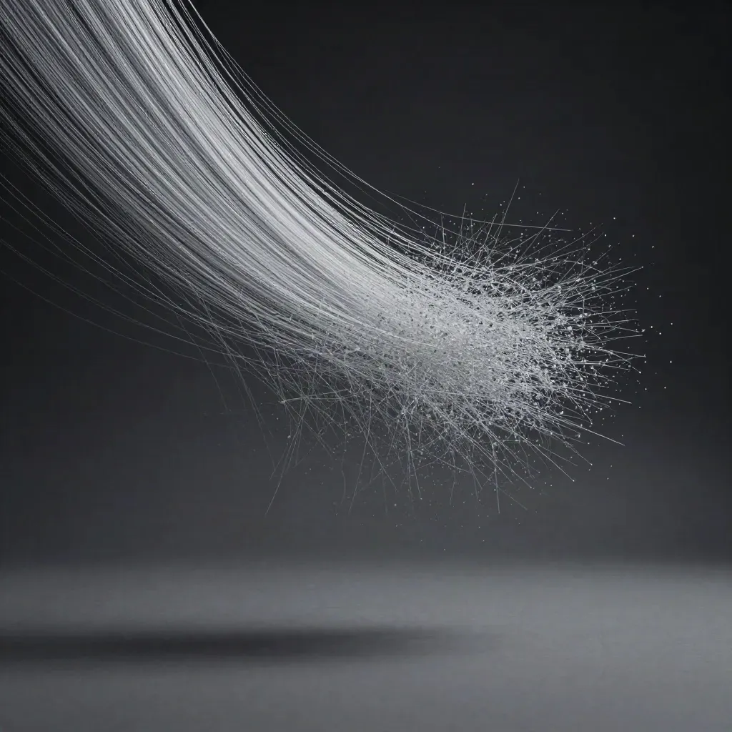 Silver light filaments bloom in graphite haze with a calm empty lower third.
