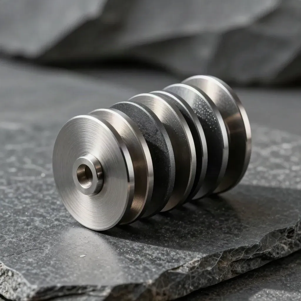Graphite couplers, linked discs and a precision block on stone in soft daylight.