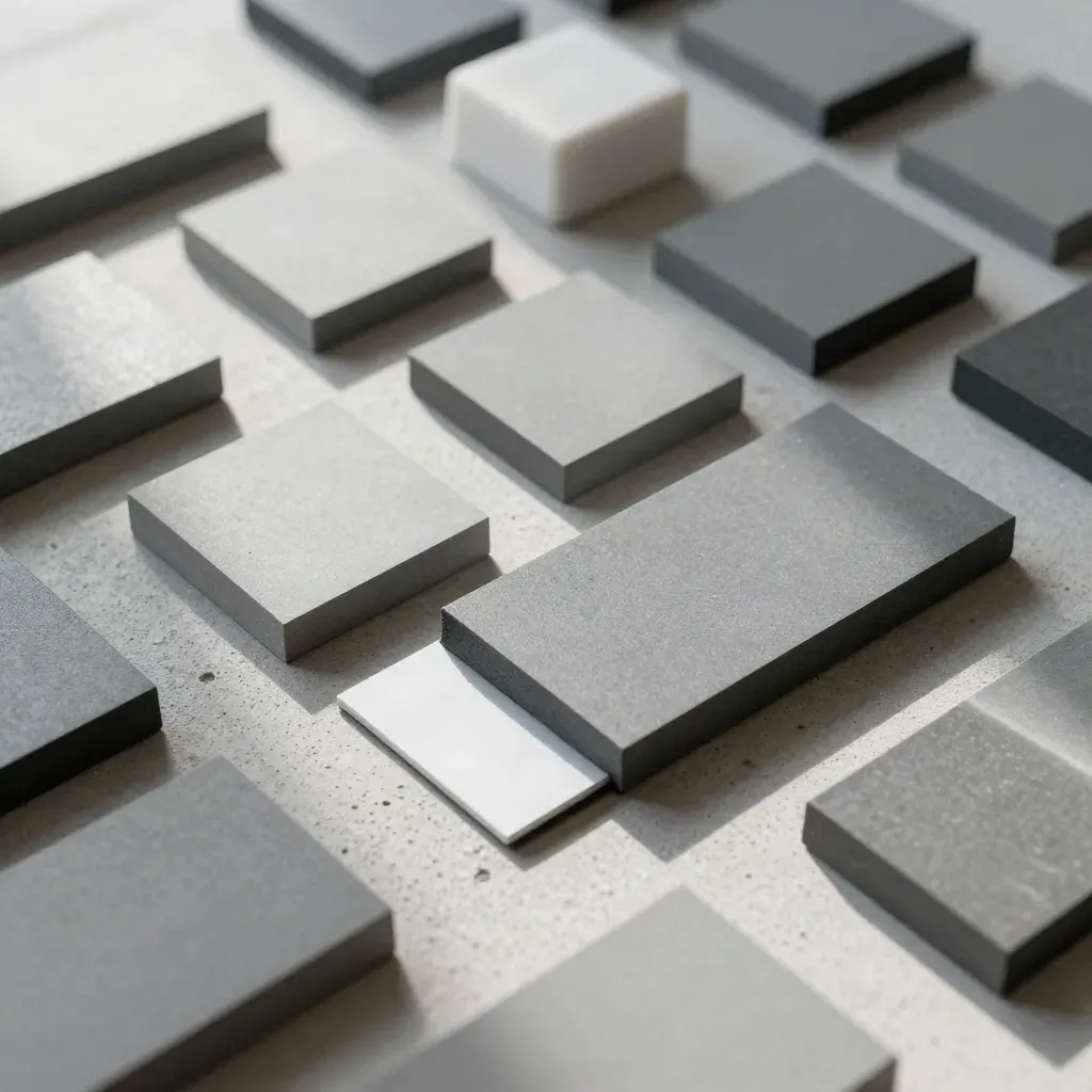 Graphite card modules, square paper weights, and a ceramic spacer on cool concrete.